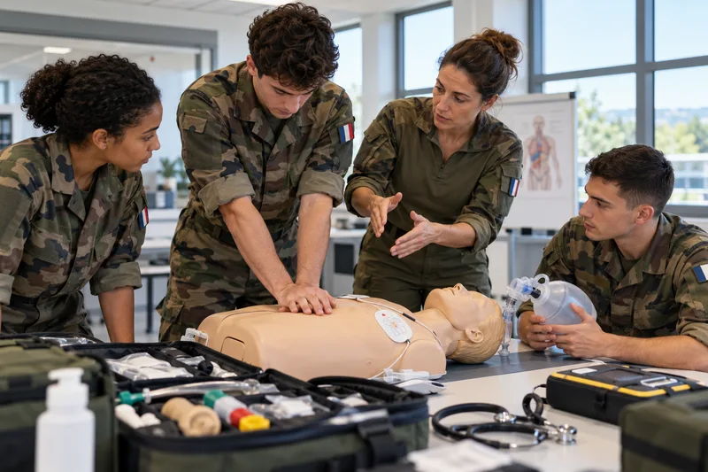 Illustration d’un entraînement médico-militaire avec un mannequin pédagogique