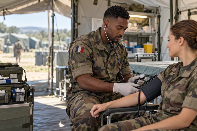 Soignant en tenue militaire dans une structure de terrain, illustration générée par IA