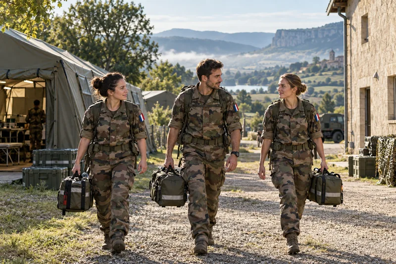 Équipe de santé en tenue militaire française, illustration générée par IA